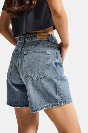 Kadın Koyu Kot Rengi 2s6-125 Mom Fit Midi Boy %100 Koton Denim Şort