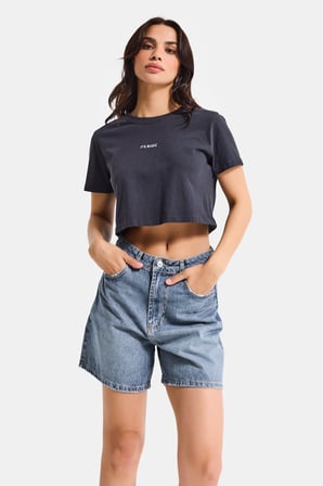 Kadın Koyu Kot Rengi 2s6-125 Mom Fit Midi Boy %100 Koton Denim Şort