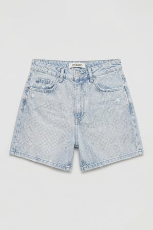 Kadın Ice T1-4s6-3 Mom Fit Parlak Taşlı Yıldız Baskılı Özel Tasarım Denim Şort