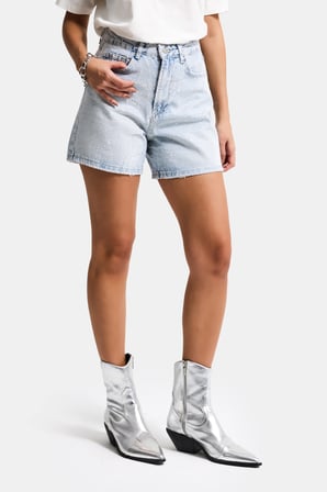 Kadın Ice T1-4s6-3 Mom Fit Parlak Taşlı Yıldız Baskılı Özel Tasarım Denim Şort
