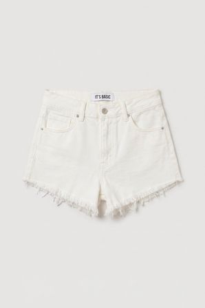 Kadın Kırık Beyaz 7s6-101 Mini Paça Püsküllü Denim Şort