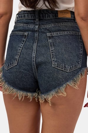 Kadın Koyu Kot 2s6 Mini Boy Paça Püsküllü Denim Şort