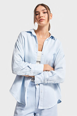 Kadın Bebe Mavisi Renk 6s5-103 Organik Pamuk Viskon  Kumaş Oversize Gömlek