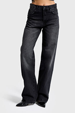 Kadın Koyu Füme Renk 2s6-1 Loose Fit Orta Bel %100 Koton Denim Jean