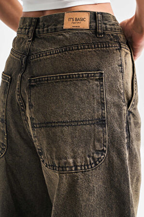 Kadın Haki Kot Rengi 4S5-86 Skater Fit Bol Kesim %100 Koton Orta Bel Denim Jean