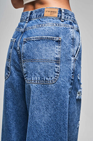 Kadın T.Kot Rengi 10S5-4 Skater Fit Bol Kesim %100 Koton Yırtık Detaylı Denim Jean
