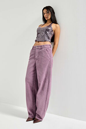 Kadın Lila Renk 29w5-111 Skater Fit Kalın Fitilli Velvet Kadife Kumaş Pantolon