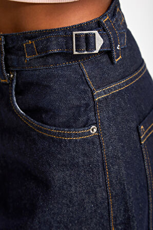 Kadın İndigo Renk Lotus 7w5-50 Baggy Fit İç Boy 83cm Kemer Detaylı %100 Koton Denim Jean