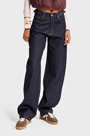 Kadın İndigo Renk Lotus 7w5-50 Baggy Fit İç Boy 83cm Kemer Detaylı %100 Koton Denim Jean