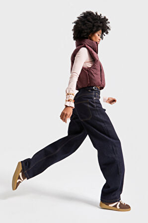 Kadın İndigo Renk Lotus 7w5-50 Baggy Fit İç Boy 83cm Kemer Detaylı %100 Koton Denim Jean