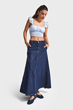 Kadın İndigo Renk 7w5-50 A Tipi Çan Kesim Maxi Boy %100 Koton Denim Etek
