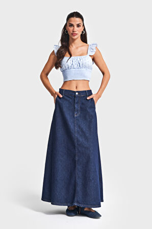 Kadın İndigo Renk 7w5-50 A Tipi Çan Kesim Maxi Boy %100 Koton Denim Etek