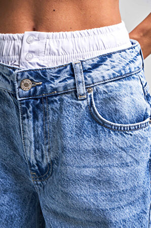 Kadın Mavi Kot Rengi 4S5-4 Boxer Detaylı Palazzo Fit %100 Koton Denim Jean