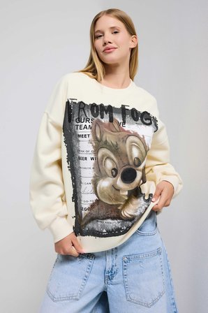 Kadın Ekru w5 Oversize Baskılı %100 Koton Organik Kumaş Sweatshirt