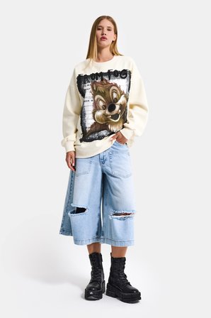 Kadın Ekru w5 Oversize Baskılı %100 Koton Organik Kumaş Sweatshirt