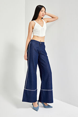 Kadın Lacivert Renk 7w5-50/1 Wide Leg Fit Şerit Detaylı Tasarım Denim Jean