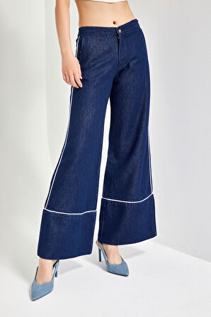 Kadın Lacivert Renk 7w5-50/1 Wide Leg Fit Şerit Detaylı Tasarım Denim Jean