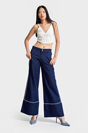 Kadın Lacivert Renk 7w5-50/1 Wide Leg Fit Şerit Detaylı Tasarım Denim Jean