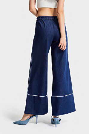 Kadın Lacivert Renk 7w5-50/1 Wide Leg Fit Şerit Detaylı Tasarım Denim Jean