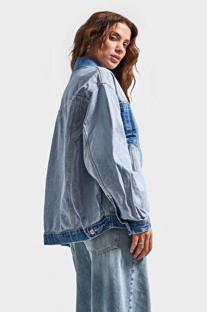 Kadın Kot Rengi Çift Renk Oversize Denim Ceket