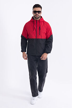 Erkek Kırmızı - Siyah Iki Renk Astarlı Kapüşonlu Cepli Yağmurluk-rüzgarlık | M