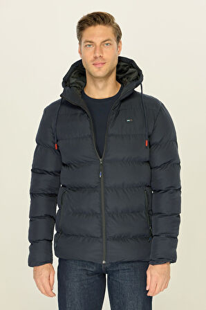 Erkek Lacivert Kalın Astarlı Rüzgar Geçirmez Kapüşonlu Kışlık Şişme Mont | 3XL