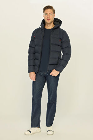 Erkek Lacivert Kalın Astarlı Rüzgar Geçirmez Kapüşonlu Kışlık Şişme Mont | 3XL