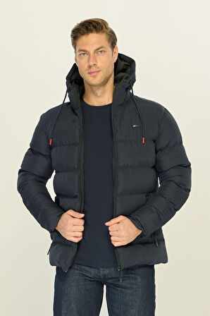 Erkek Lacivert Kalın Astarlı Rüzgar Geçirmez Kapüşonlu Kışlık Şişme Mont | 3XL