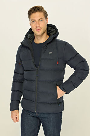 Erkek Lacivert Kalın Astarlı Rüzgar Geçirmez Kapüşonlu Kışlık Şişme Mont | 3XL