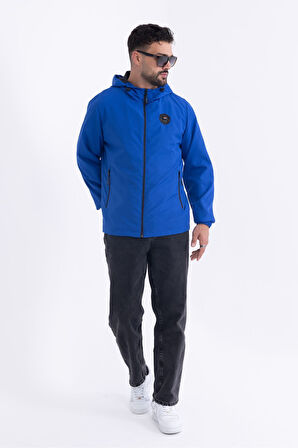 Erkek Astarlı Rüzgara Dayanıklı Kapüşonlu Saks Yağmurluk - Rüzgarlık | XL