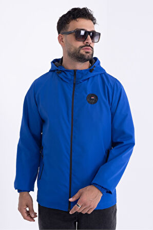 Erkek Astarlı Rüzgara Dayanıklı Kapüşonlu Saks Yağmurluk - Rüzgarlık | 2XL