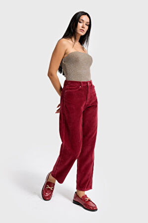 Kadın Bordo Renk 26w5-35 Relax Fit Kalın Fitilli Velvet Kadife Kumaş Pantolon