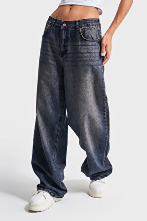Kadın Koyu Tint Rengi 17W4-5 Süper Palazzo Fit Orta Bel %100 Koton Denim Jean