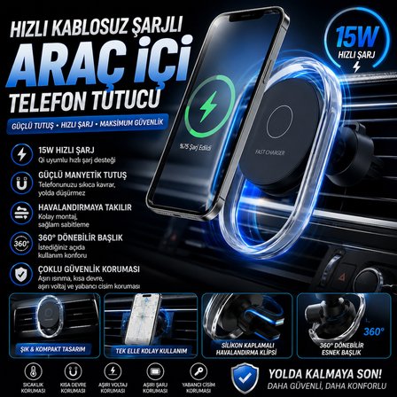 Hızlı şarj destekli kablosuz şarj özellikli araç içi havalandırma telefon tutucu tüm araçlara uyumlu