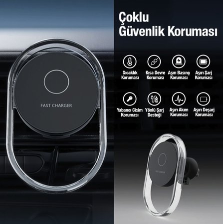 Hızlı şarj destekli kablosuz şarj özellikli araç içi havalandırma telefon tutucu tüm araçlara uyumlu