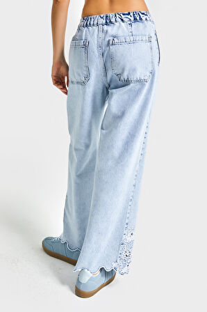 Kadın Snow Kot Rengi 3s5-3 Crop Flare Fit Paça Dantelli %100 Koton Tsarım Denim Jean