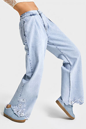 Kadın Snow Kot Rengi 3s5-3 Crop Flare Fit Paça Dantelli %100 Koton Tsarım Denim Jean