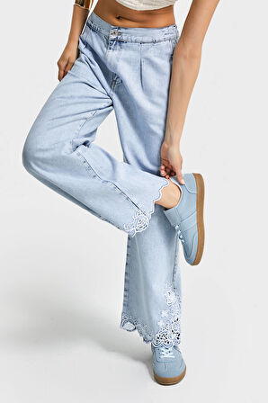 Kadın Snow Kot Rengi 3s5-3 Crop Flare Fit Paça Dantelli %100 Koton Tsarım Denim Jean