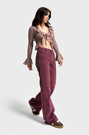 Kadın Mürdüm Renk 29w5-52 Midrise Flare Fit Kalın Fitilli Velvet Kumaş Kadife Pantolon