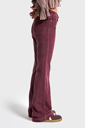 Kadın Mürdüm Renk 29w5-52 Midrise Flare Fit Kalın Fitilli Velvet Kumaş Kadife Pantolon