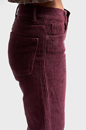 Kadın Mürdüm Renk 29w5-52 Midrise Flare Fit Kalın Fitilli Velvet Kumaş Kadife Pantolon