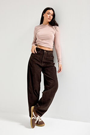 Kadın Koyu Kahve 8-26w5-136 Skater Fit Fitilli Velvet Kadife Kumaş Pantolon
