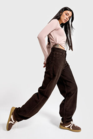 Kadın Koyu Kahve 8-26w5-136 Skater Fit Fitilli Velvet Kadife Kumaş Pantolon