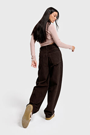 Kadın Koyu Kahve 8-26w5-136 Skater Fit Fitilli Velvet Kadife Kumaş Pantolon