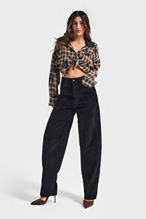 Kadın Siyah Renk Cindy 26w5-1 Skater Fit Kalın Fitilli Kadife Velvet Kumaş Pantolon