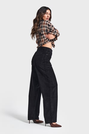 Kadın Siyah Renk Cindy 26w5-1 Skater Fit Kalın Fitilli Kadife Velvet Kumaş Pantolon