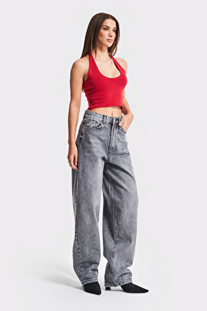 Kadın Gri Renk 4S5-13 Skater Fit Bol Kesim İç Boy 83cm %100 Koton Denim Jean