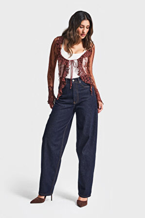 Kadın İndigo Renk 7w5-50 Skater Fit Bol Kesim İç Boy 80cm Denim Jean