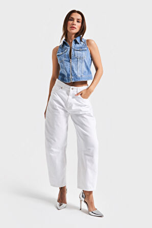 Kadın Beyaz Renk 5s5-2 Moxıe Low Fit Bol Kesim %100 Koton Orta Bel Denim Jean