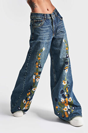 Kadın T.Kot Rengi Nakışlı Tasarım Palazzo Fit Denim